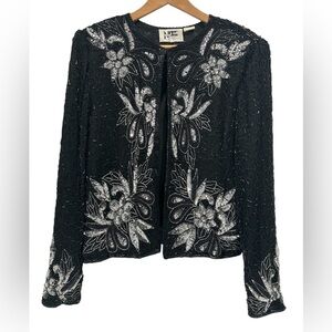 Vintage Niteline Black Silver Silk Sequined Beaded Evening Formal Jacket - S